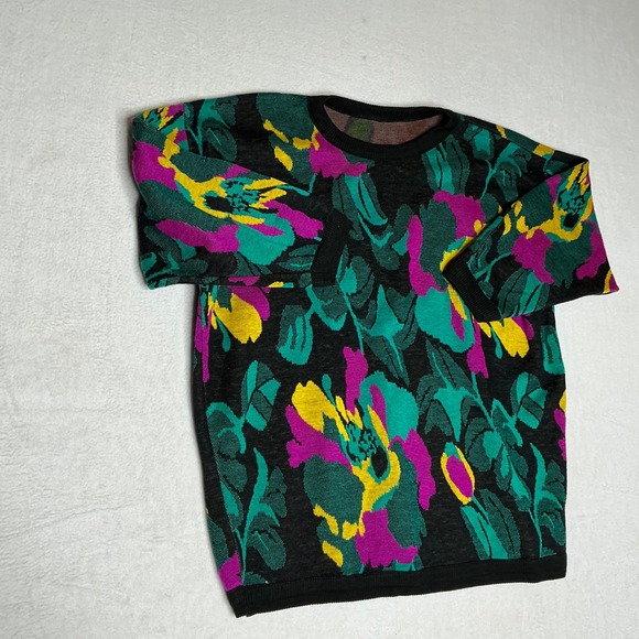 Sweaters - Vibrant Floral Print Crew Neck Long Sleeve Knit Sweater Black Multi Color